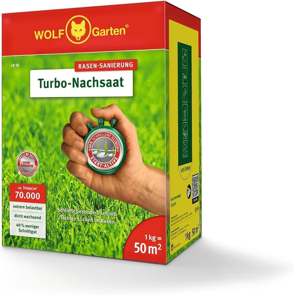 WOLF-Garten Turbo-Nachsaat zur Rasensanierung LR50 (für 50 m2, hohe Dichte mit ca. 70.000 Trieben/m2, für alle Rasentypen geeignet, mit WOLF-Garten Keimgarantie, im 1kg Karton) 3826031