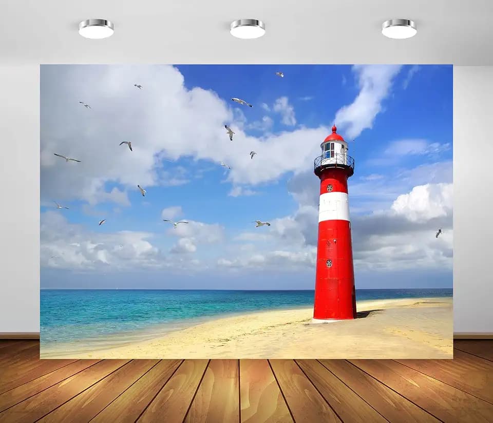 BELECO 7x5ft Fabric Seaside Lighthouse Backdrop for Photography Sand Beach Flying Seagull Blue Sky White Clouds Blue Seascape Scenery Background Nautical Party Decorations Studio Booth Photo Props
