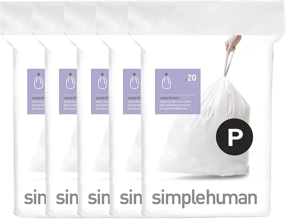simplehuman Code P 100 Count Custom Fit Liners, Drawstring Kitchen Trash Bags, One-by-One Mess-Free Dispense, Extra Thick & Double Seamed, 50% PCR Plastic, 50-60 Liter / 13-16 Gallon, White