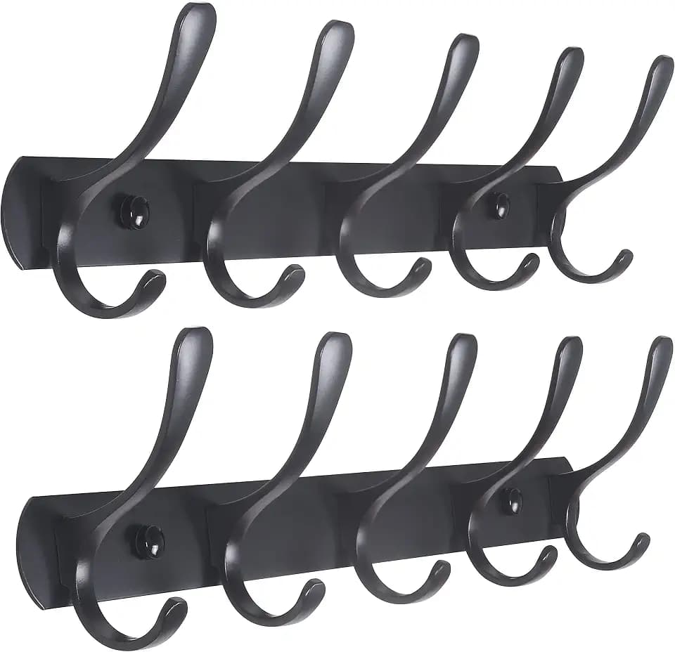 SKOLOO Garderobenleiste, Moderne, stabile Metall Kleiderhaken Wand mit 5 Haken, 2er-Pack, zum Aufhängen von Kleidung, Mantel, Hüten, Jacken, Rucksack, Hakenleiste Schwarz