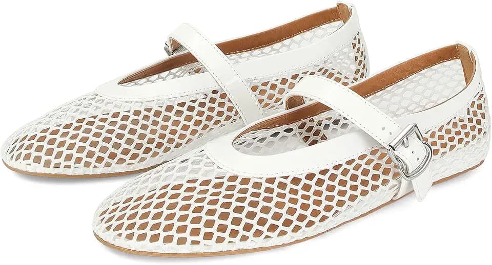 MICIFA Women's Mesh Ballet Flats Fishnet Ballerina Flats Buckle Strap Mary Jane Causal Daily Dress Shoes