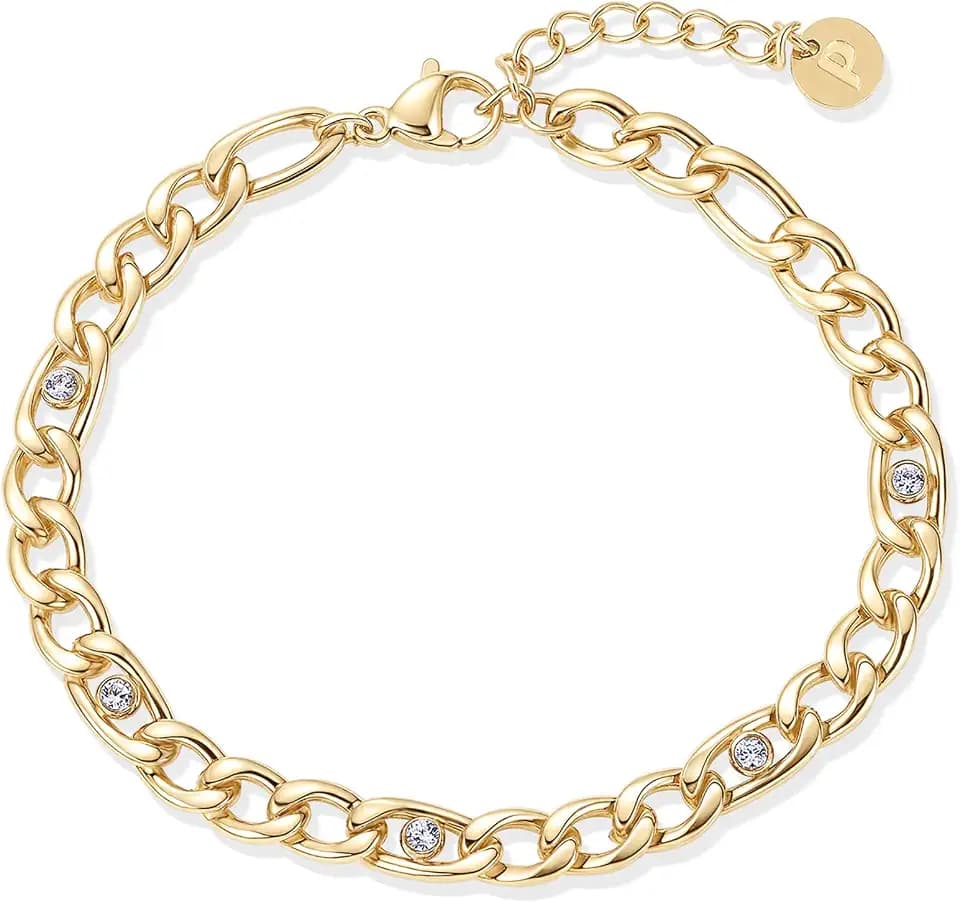 PAVOI Waterproof Curb Chain Bracelet for Women, 14K Gold Plated Bracelets