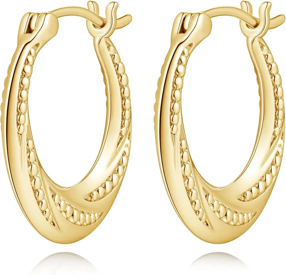 14K Gold Earrings for Women 14K Gold Hoop Earrings for Women Gold Hoop Earring for Womens Hoops Layered Textures and Subtle Bead Accents Hoops Earring for Womens 22/25 mm (25mm)