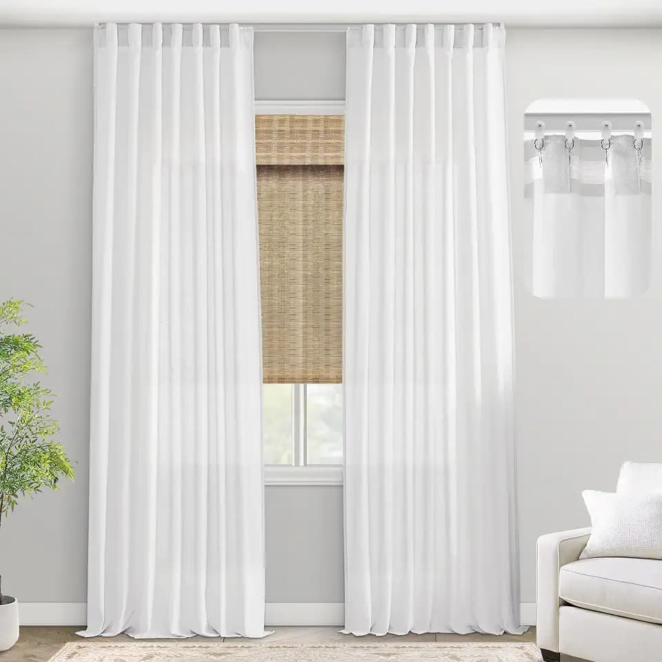 PANELSBURG Track Curtains Ceiling Mount Sheer White 102 Inches Long for Living Room,Back Tab Pleated Sheer Linen Blend Light Filtering Window Curtains Drapes for Bedroom Office 2 Panel Sets