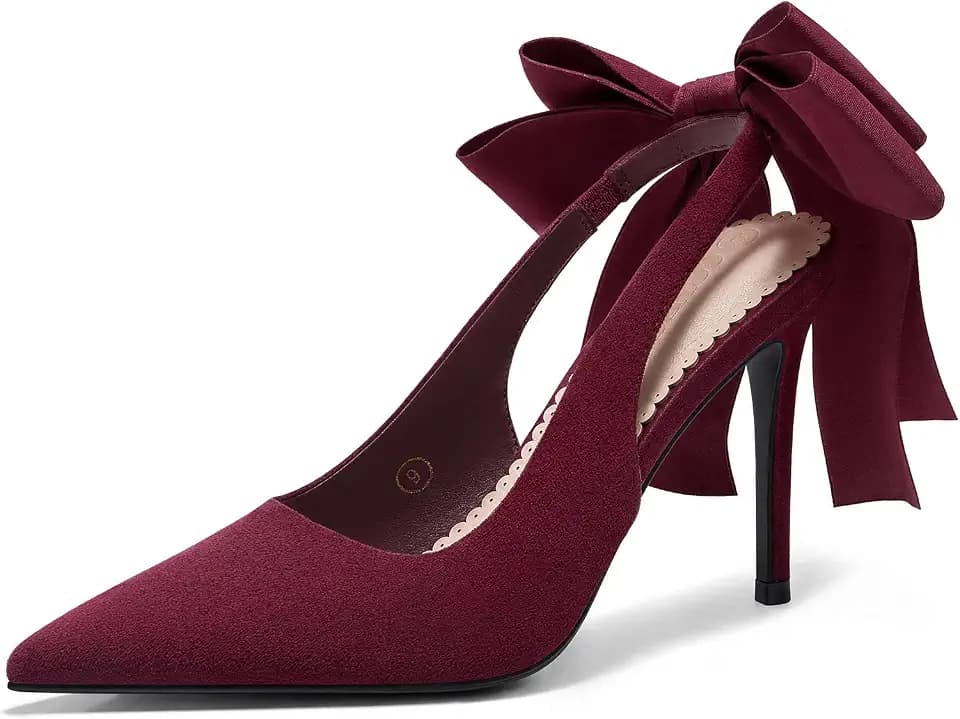 Coutgo Womens Slingback High Heels with Bow Closed Pointed Toe Wedding Bride Dress Shoes Satin Pumps