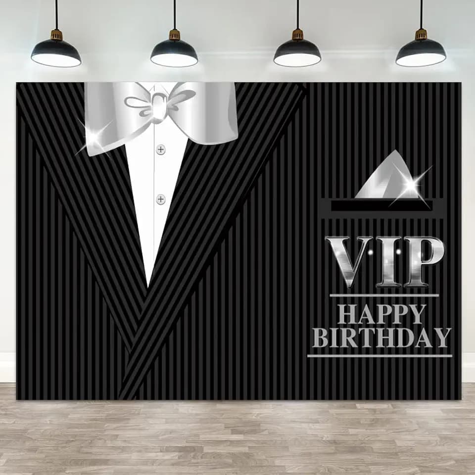 7x5ft Happy Birthday Backdrop VIP Photography Background Gentleman Black Tuxedo Suits White Shirts Silver Bow Tie Men Birthdays Party Banner Decorations Boys Kids Portrait Photo Booth Prop