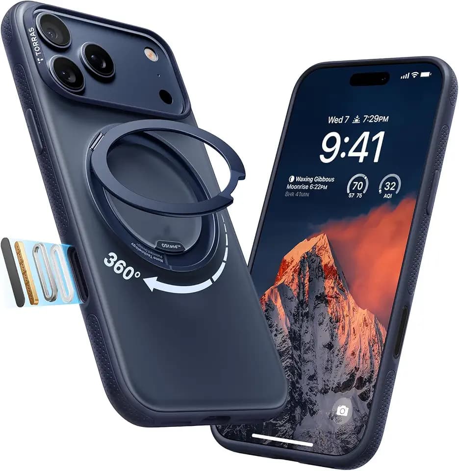 TORRAS for iPhone 17 Pro Case, 360 Magnetic Stand, Translucent Deep Blue