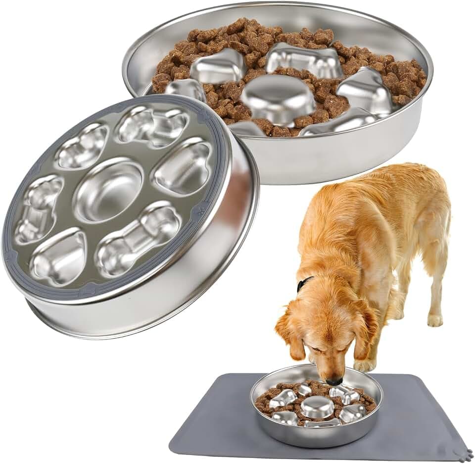 Anti Schling Napf für Hunde mit Napfunterlage Silikon, Antischlingnapf Edelstahl, mit rutschfeste Silikonbasis, Slow Feeder Hund für Mittelgroße/Große Hunde/Katze, Ø 21.5cm, 1000ml