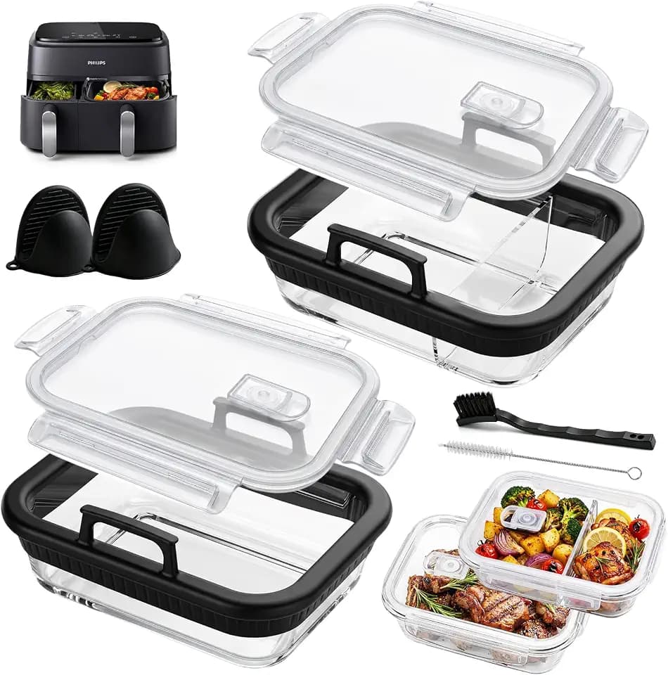 2 Stück Glas Auflaufform Airfryer, BPA-frei Glasform für Airfryer mit Deckel, Abnehmbaren Silikongriffen, Silikonhandschuh und 2 Reinigungsbürsten für Ninja AF400EU/DZ400EU/AF500EU/COSORI/Philips