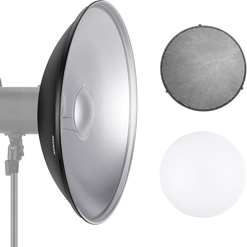 NEEWER 55cm Metall Beauty Dish Bowens Mount Reflektor Set mit weißem Diffusor, Honeycomb Grid für Strobe Blitz Video Licht Kompatibel mit Godox AD600 NEEWER CB60 Q4 Vision 4 S101 Serie, NK-NARC22