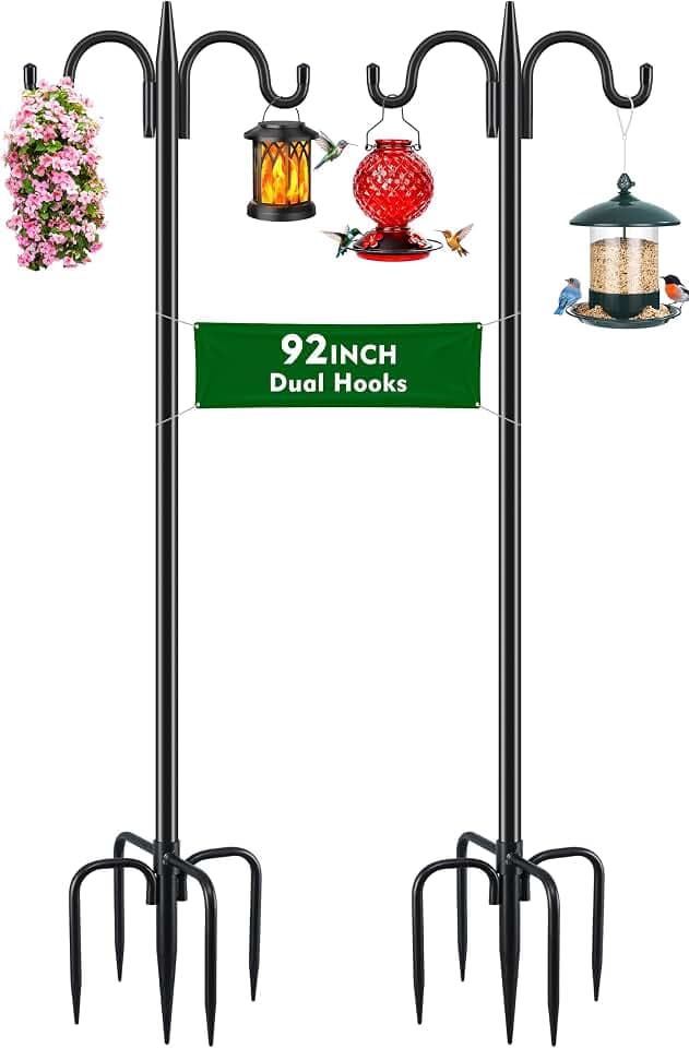 Gtongoko Bird Feeder Pole for Outdoors Heavy Duty, 2 Pack 92 Inch Double Shepherds Hook with 5-Prong Stable Base, 3/4 Inch Thick Hummingbird Feeder Stand for Hanging Plants, Lanterns