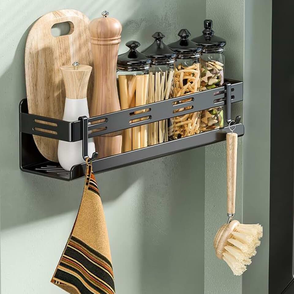 Gewürzregal Küchenregal Wand ohne Bohren, 40cm, Schwarz, mit 4 Haken