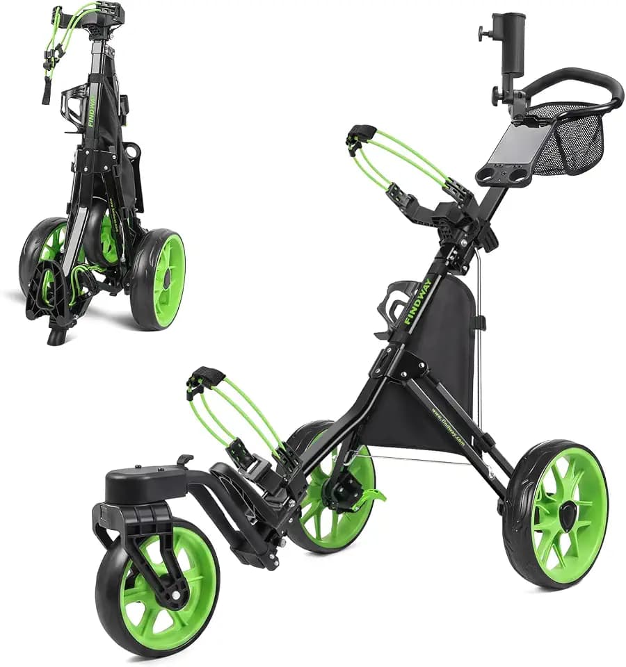 findway Golf Push Cart 3 Wheel, Foldable 360° Swivel Front Wheel Golf Bag Cart, Lightweight Golf Pull Cart with Foot Brake, Adjustable Handle, Storage Bag, Umbrella & Drink Holder