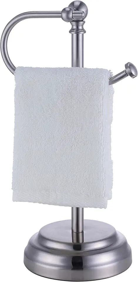 SunnyPoint Heavy Weight Classic Decorative Metal Fingertip Towel Holder Stand for Bathroom, Kitchen, Vanity and Countertops. (Satin Nickel, Overall: 6.7" x 5.5"x13.4"H)