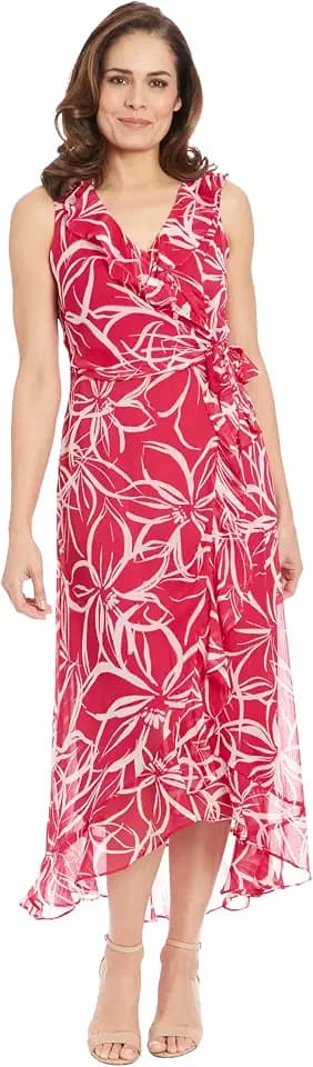 London Times Women's Sleeveless Ruffle Detail Faux Wrap Tie Midi Dress