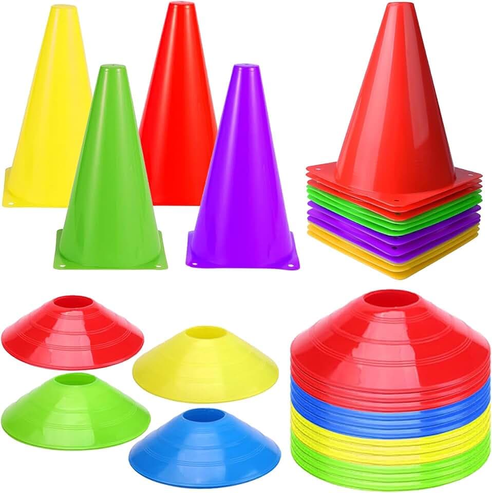 Fussball Hütchen Set 24 Stück 4 Farben hütchen Fussball Set mit Netztasche Fussball Hütchen Agilität Markierungshütchen Set Leitkegel Verkehrshütchen für Kinder Sport Reitsport & Hund Training