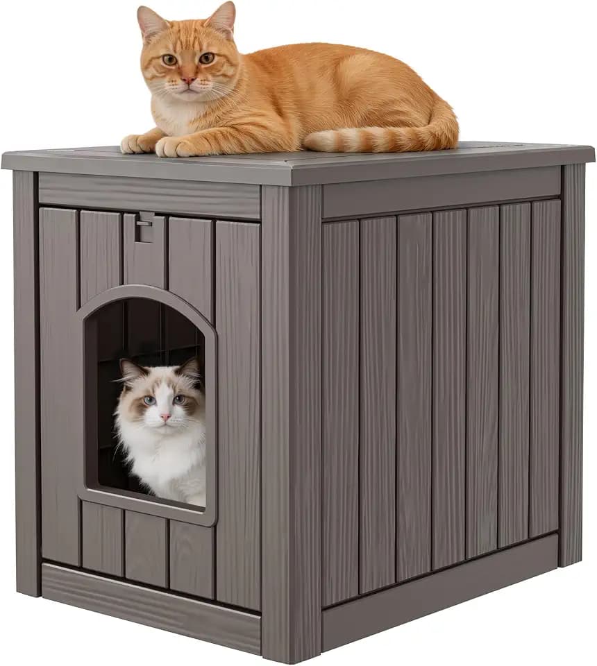 Outdoor Cat House Weatherproof, Resin Cat Houses for Outdoor Indoor Cats, Cat Box Enclosure, Cat Bed Easy to Assemble & Clean, Grey
