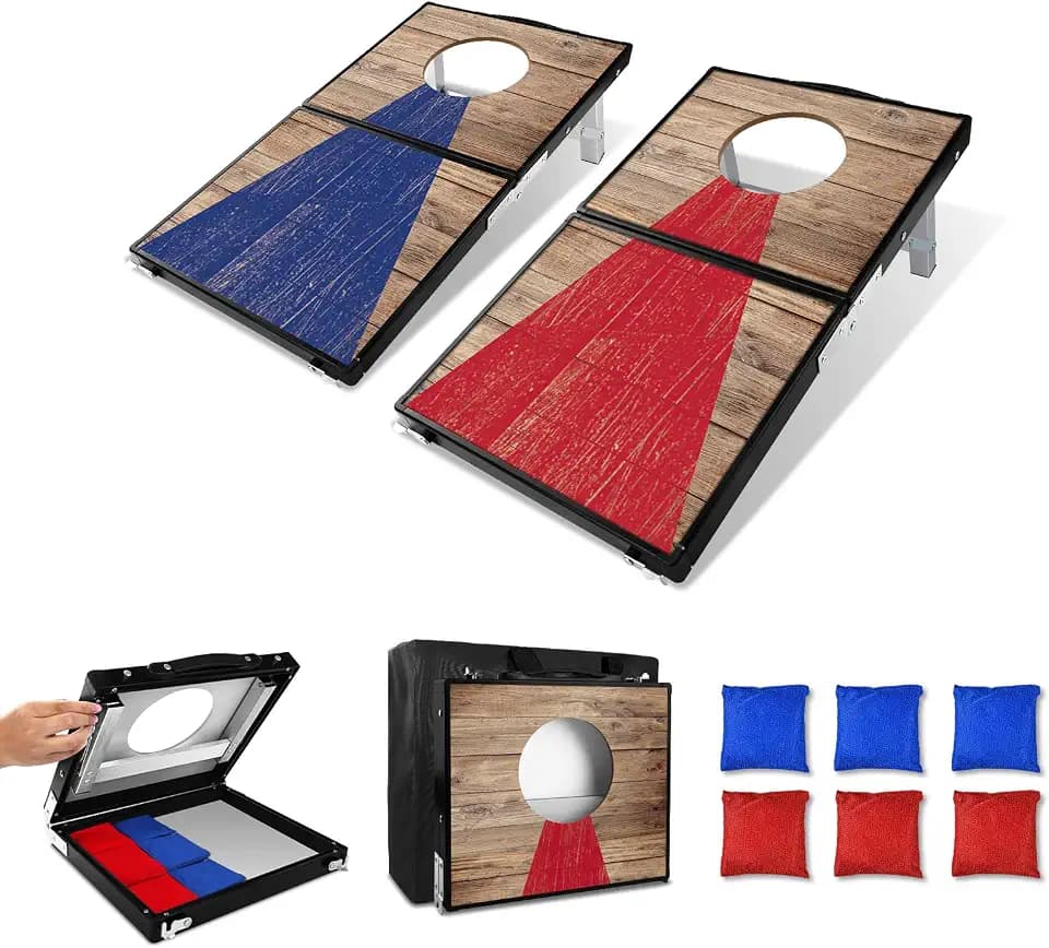 NZQXJXZ Langlebiges Aluminium Cornhole Spiel Outdoor Cornhole Säckchen mit 6 Bohnensäcke & Tragetasche für Hinterhof, Rasen, Strand 2-in-1 Camping Outdoor Spiel Set Kollabieren