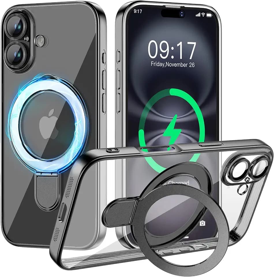 Magnetic for iPhone 16 Case with Invisible Stand[Compatible with MagSafe][Full Camera Lens Protector][Military Drop Protection] Shockproof Not Yellowing Clear Soft Slim for Women Men, Black