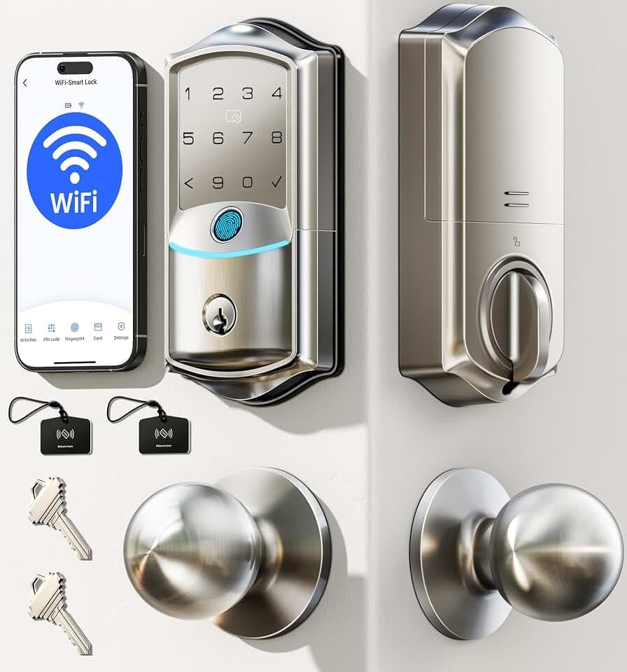 Veise VE027-K WiFi Smart Deadbolt Locks with 2 Knobs Set, Satin Nickel