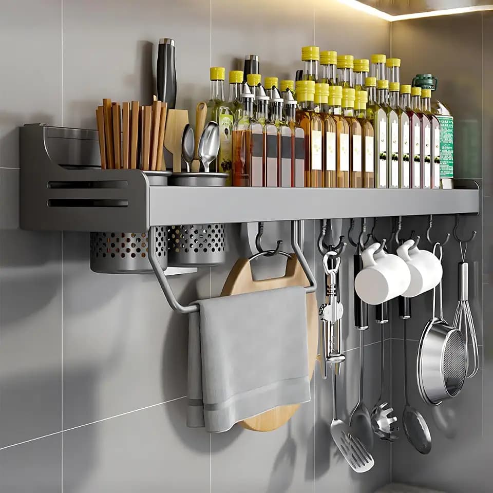 Gewürzregal, Gewürzregal Hängend, GewürzregaleKüchenregal wand ohne Bohren, Gewürz Organizer mit Messerschlitz, Haken, Becher, Küchenregal Wand für Gewürze, grau, 80cm