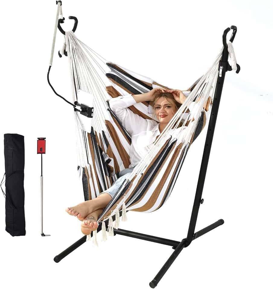 ZEYU Double Hammock Chair with Stand -Brown Strips