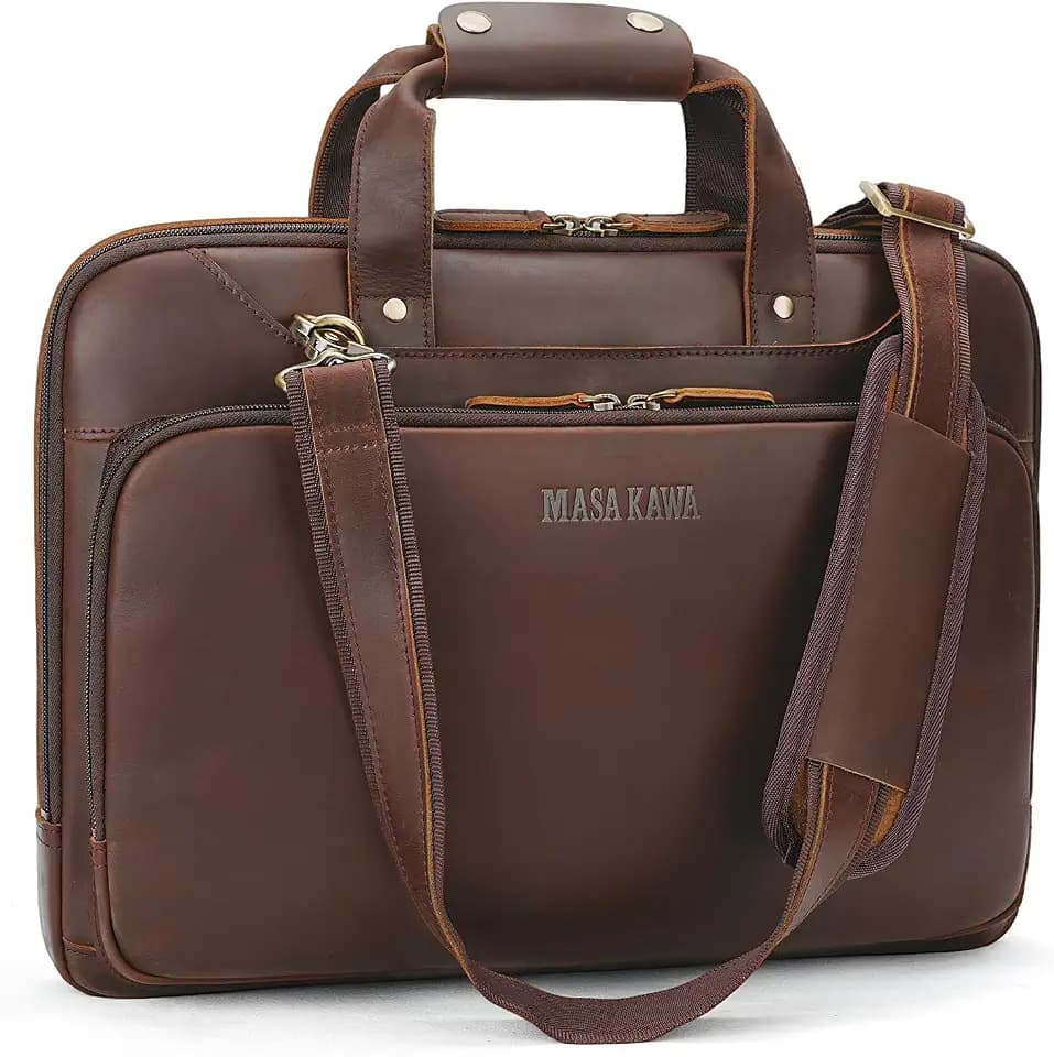 Masa Kawa Slim Leather 16" Laptop Briefcase Messenger Work Bag for Men