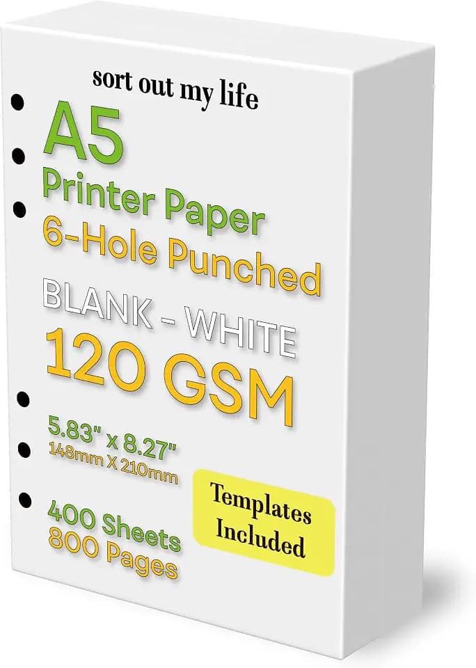 A5 Blank Paper, 120 GSM, 6-Hole Punched, 400 Sheets (800 Pages), Printer Paper 148 x 210 mm (5.83 in x 8.27 in)