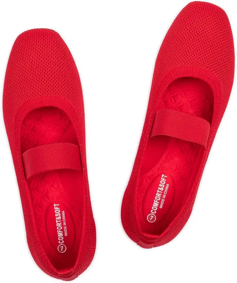 Frank Mully Women's Ballet Flats Slip on Casual Knitted Fabric Shoes Square-Toe Flats with Elastic Straps for Women