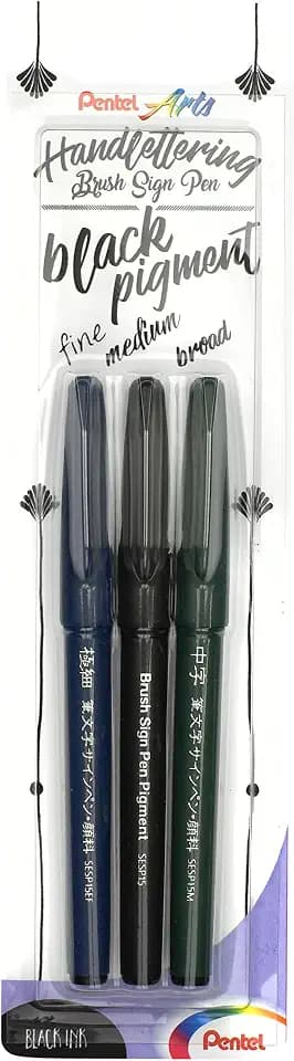 Pentel XSESP15/3 Brush Sign Pen Pigment Black Ink Edition Kalligraphiestift mit flexibler Pinselspitze, Blisterkarte mit 3 Strichstärken, pigmentierte Tinte, Schreibfarbe schwarz