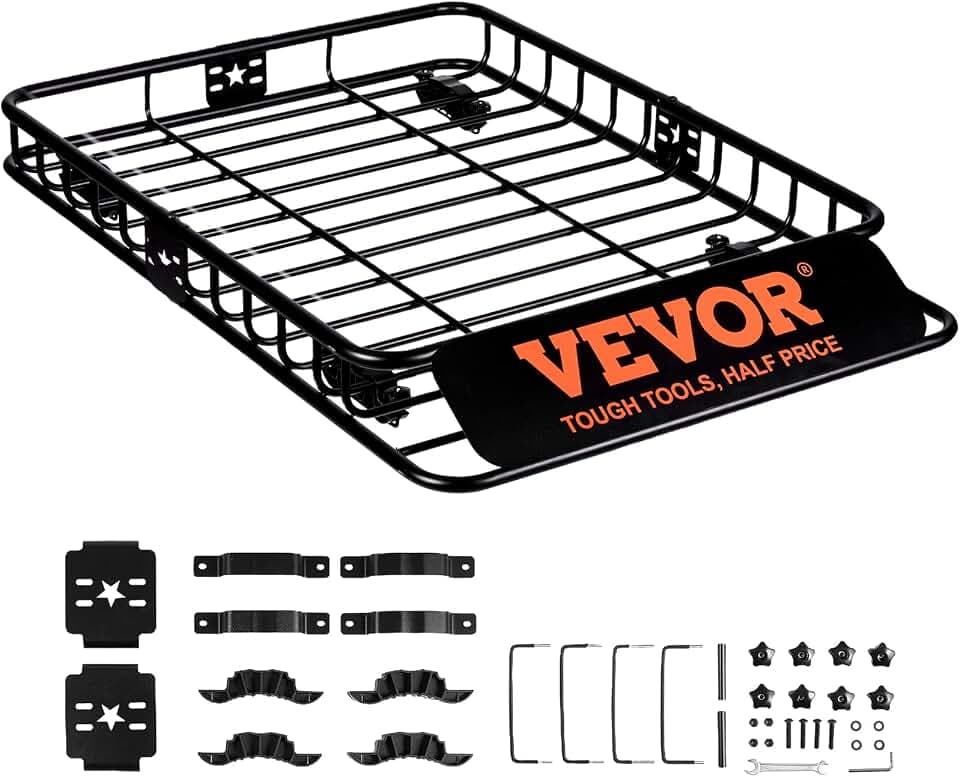 VEVOR Dachgepäckträger Korb Auto Dachkorb Universal 1175 x 915 x 114 mm, Dachgepäckträger Wanne 90,7 kg Tragfähigkeit Relingträger Fracht Gepäckablage Schwarz für Camping, Grillen, Autoreisen