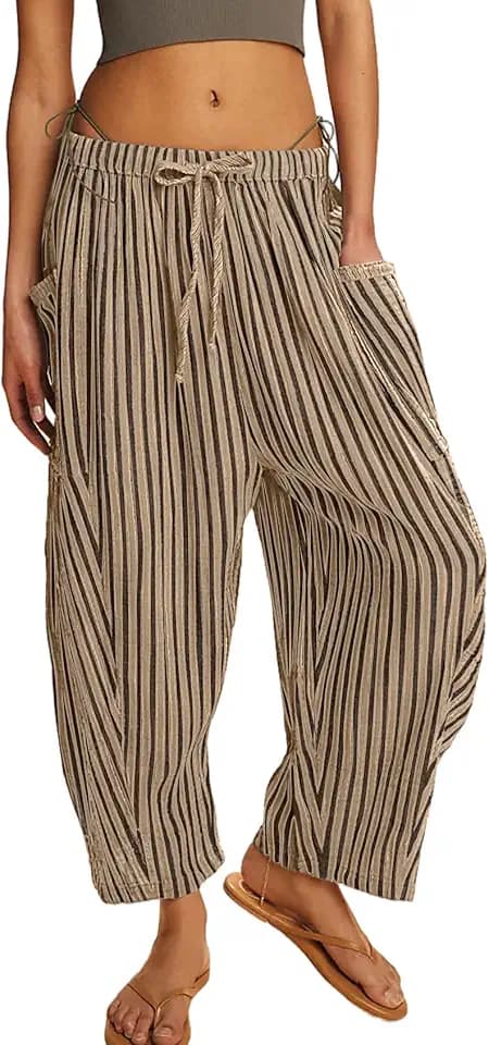 Womens Summer Striped Harem Pants Loose Flowy Boho Barrel Pants