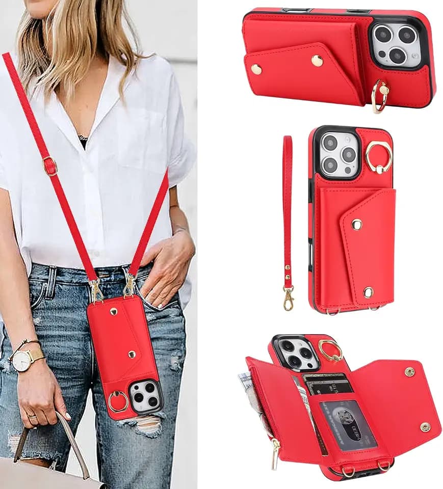 Compatible with iPhone 16 Pro Max Crossbody Wallet Case with Card Holder for Women,Phone Case RFID Blocking PU Leather Zipper Handbag Flip Cover with Card Slots Ring Wrist Stand,Red