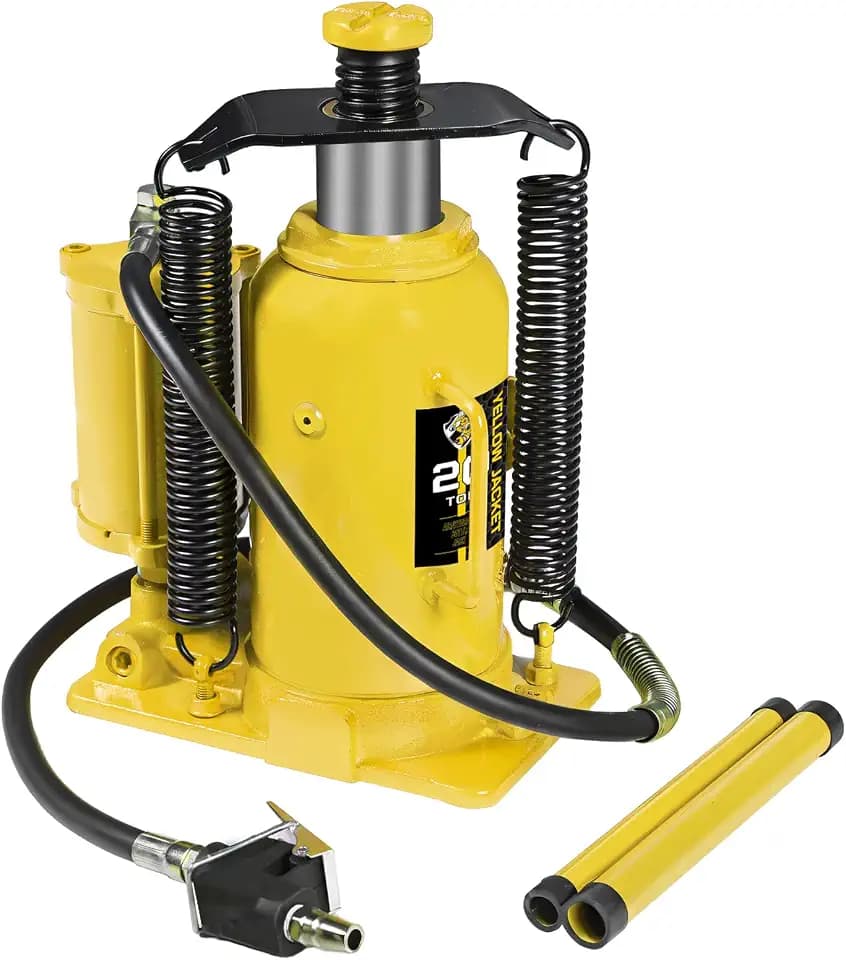 YELLOW JACKET 20 Ton Pneumatic Bottle Jack – Heavy-Duty Air/Hydraulic Lift for Trucks & Autos, Manual & Air Pump Operation, Yellow