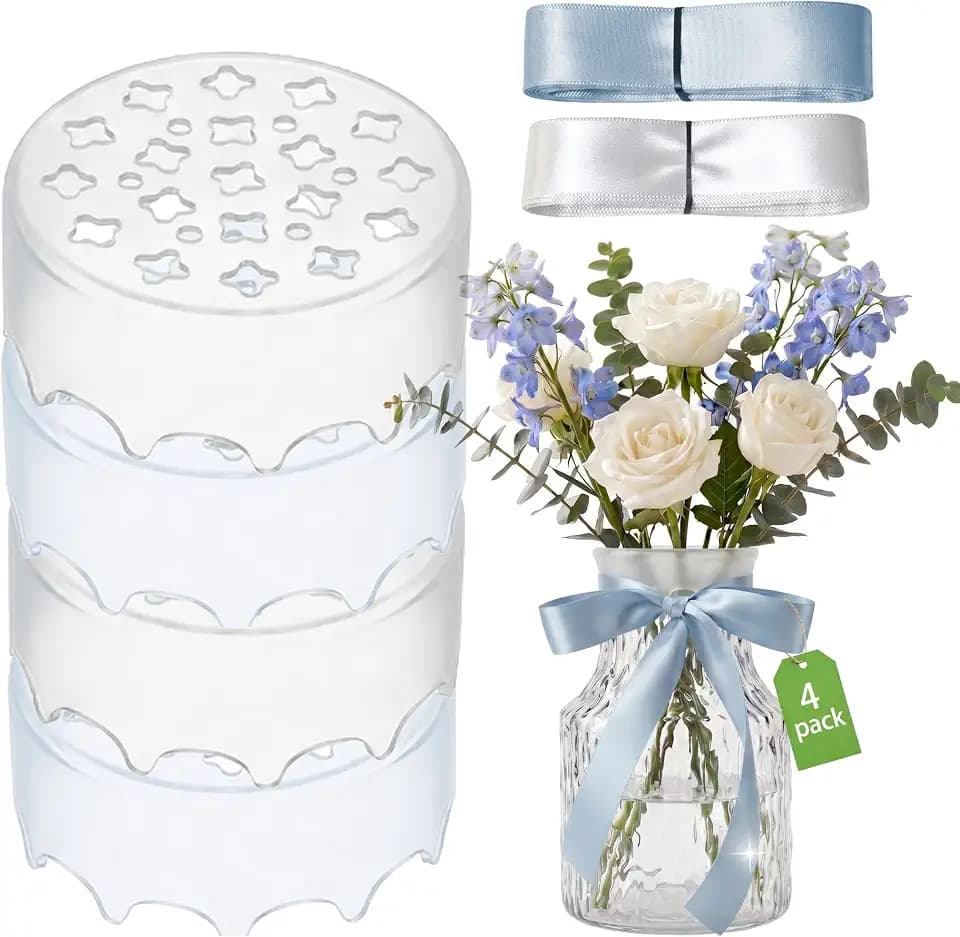 SUBENJI 4-Pack Silicone Flower Grid Arranger with Ribbons for DIY Vases