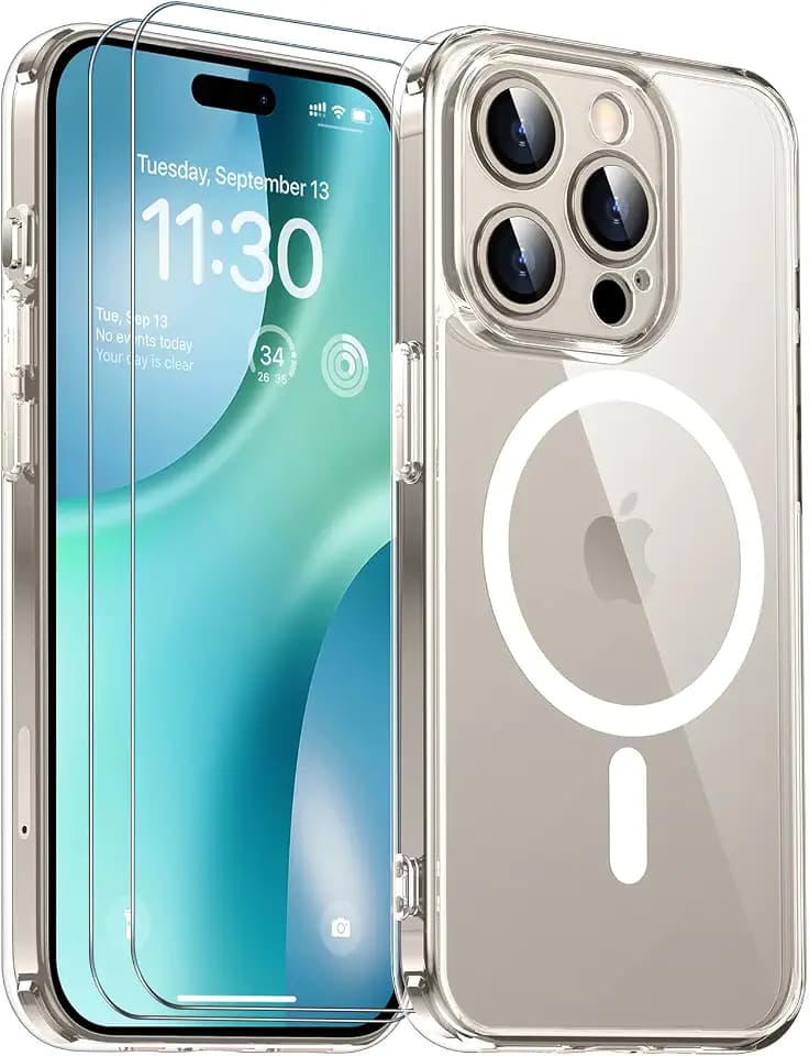 SPIDERCASE for iPhone 15 Pro Max Case, Magnetic Clear Case with 2PCS Tempered Glass Screen Protector Slim Phone Case for iPhone 15 Pro Max 6.7'', Clear