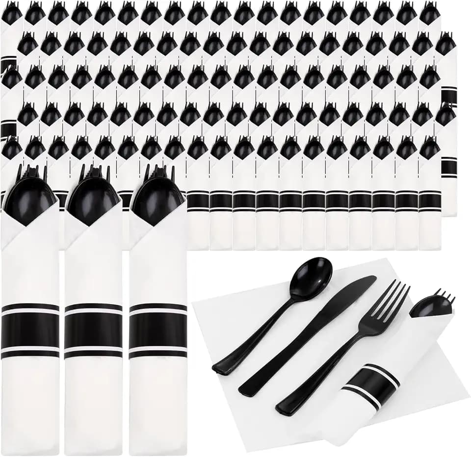 Supernal 120pack Pre Rolled Black Plastic Silverware Set Disposable
