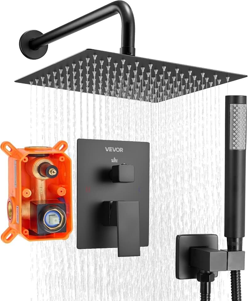 VEVOR Duscharmatur Regenduschsystem fürs Badezimmer Duschsystem mit 254 mm quadratischen Regenduschkopf & Handbrause, wandmontierte Badezimmerarmaturen mit Messingventil & Zierset, Mattschwarz