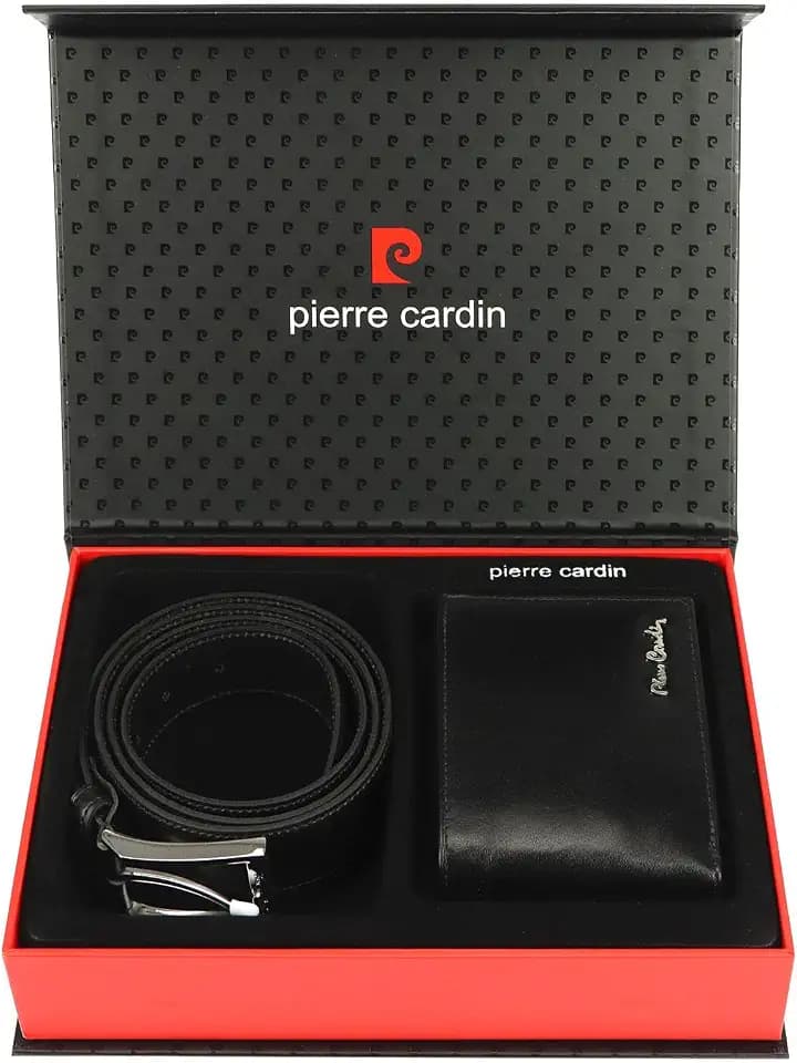 Pierre Cardin Gürtel und Geldbörse Herren Set - 100% Naturleder, Geschenk Box Für Mann, Elegante Box Set- 9 Kartenfächer, Silberne Detail, Schwarze Farbe, Riemenlänge 135 cm