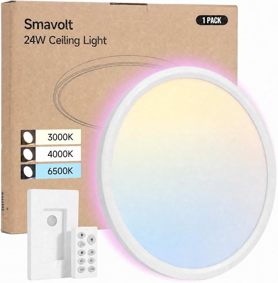 LED Deckenleuchte, 24W Deckenlampe Flach Dimmbar mit Fernbedienung, 3 Farben - 3000K/4000K/6500K, RGB Farbwechsel, Deckenlampe Rund Badlampe für Bad Kinderzimmer Schlafzimmer Wohnzimmer Küche