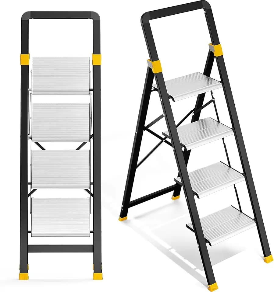 KINGRACK Trittleiter 4 Stufen Klappbar Aluminium, Klappleiter mit Handlauf, Haushaltsleiter Anti-Rutsch-Stabilem und Breitem Peda, Leiter bis 150kg Belastbar für Haushalt, Küche, Büro