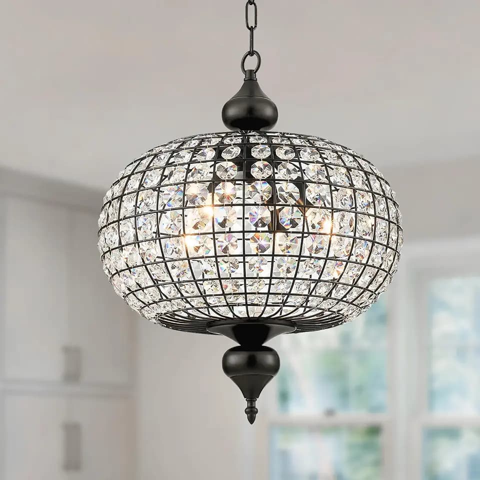 16.5 Inch Black Crystal Chandelier for Entryway Foyer, Modern Globe Pendant Light Fixture Vintage Chandeliers for Dining Room Kitchen Island Living Room Bedroom Hallway Stairway