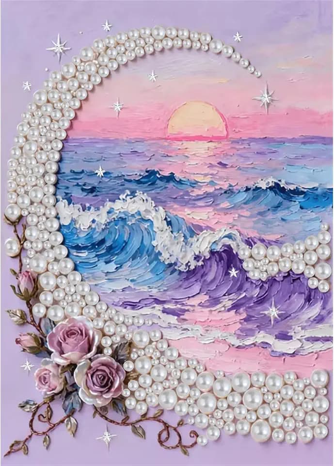 BOHADIY Beach Sunrise Diamond Art Pearl Painting Kit, DIY Pearl Art Painting, Beach Pearl Diamond Painting Kits, Handmade Gem Dot Picture Craft for Home Wall Decor 12x16 inch Wave