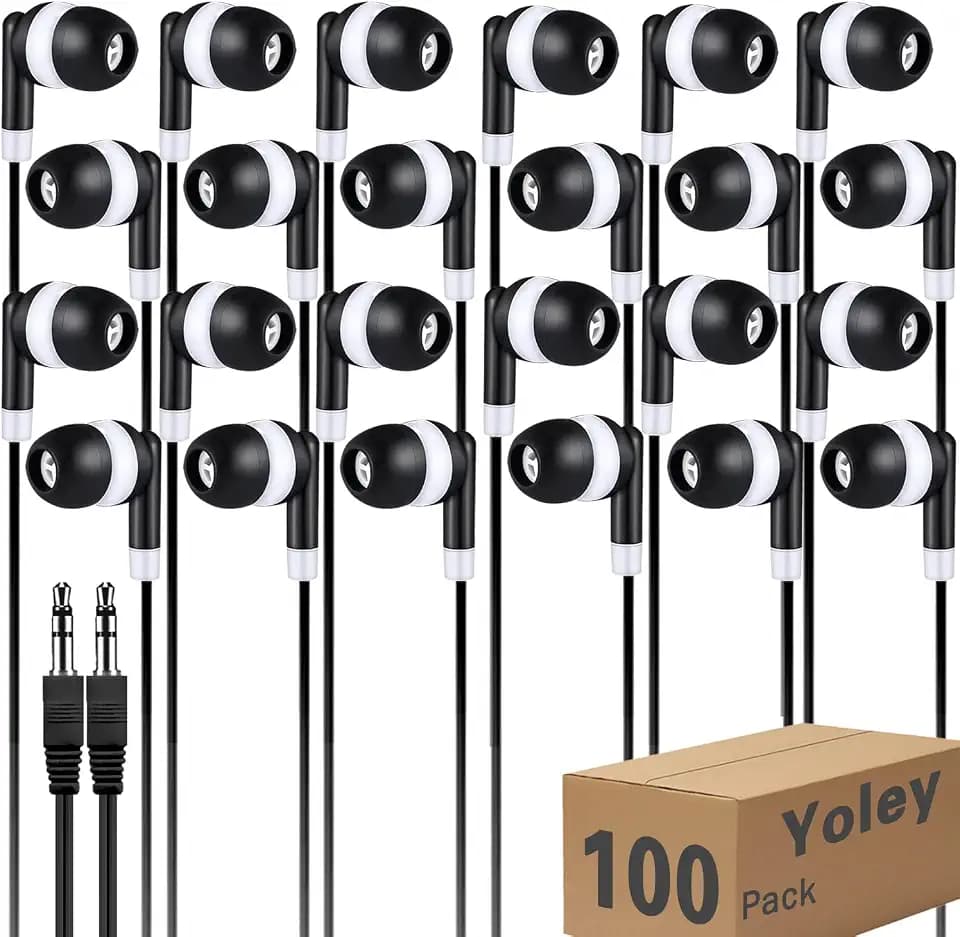 Kids Earbuds Headphones Bulk 100 Pack Class Set for School Classroom Students Children, Wholesale Durable Earphones (100 Black)