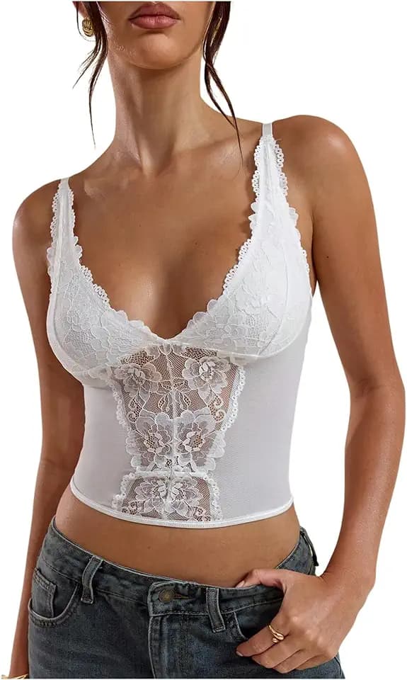 SHENHE Women's Mesh Lace Bustier Top Deep V Spaghetti Strap Crop Cami