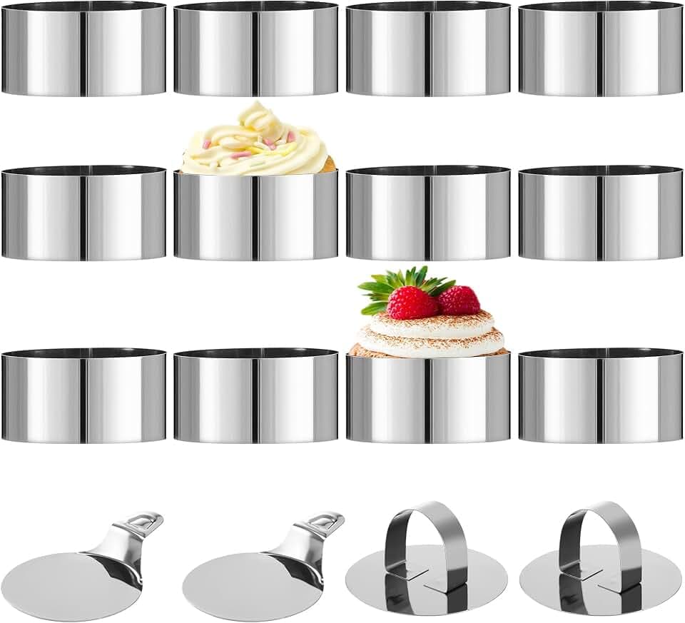 HAOYULUO 12 Stück Dessertringe und Speiseringe,Edelstahl Servierringe 8cm, Ausgestattet mit 2 Grundplatten und 2 Deckeln, Geeignet für die Herstellung von Keksen, Donuts und Kuchenbackformen
