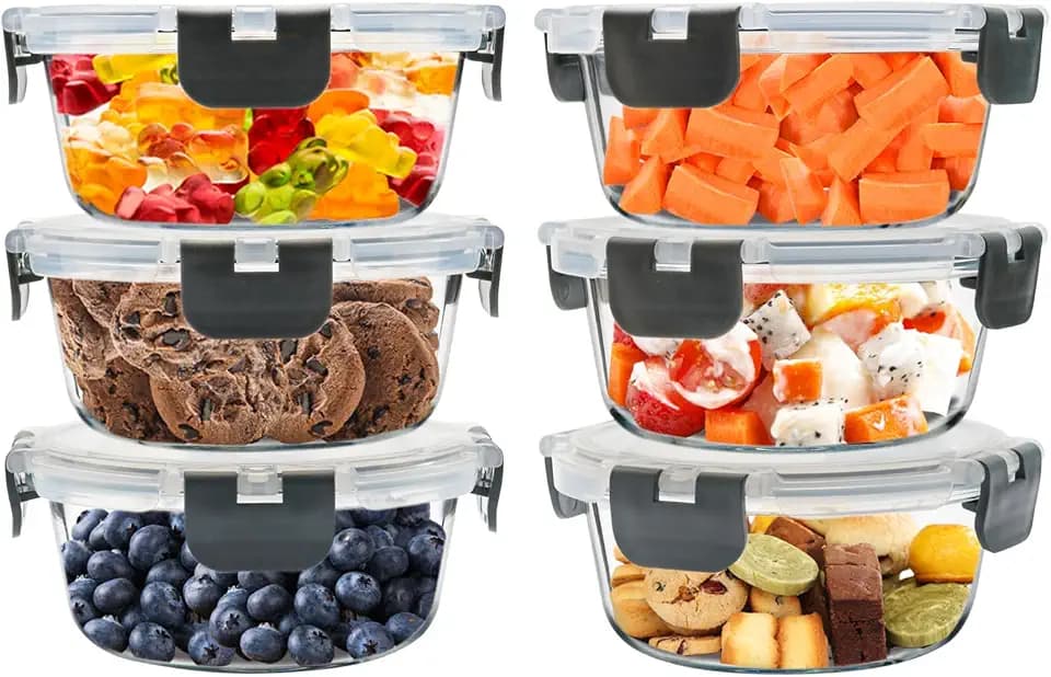 6 Pack 13 oz Small Round Glass Meal Prep Containers with Airtight Lids