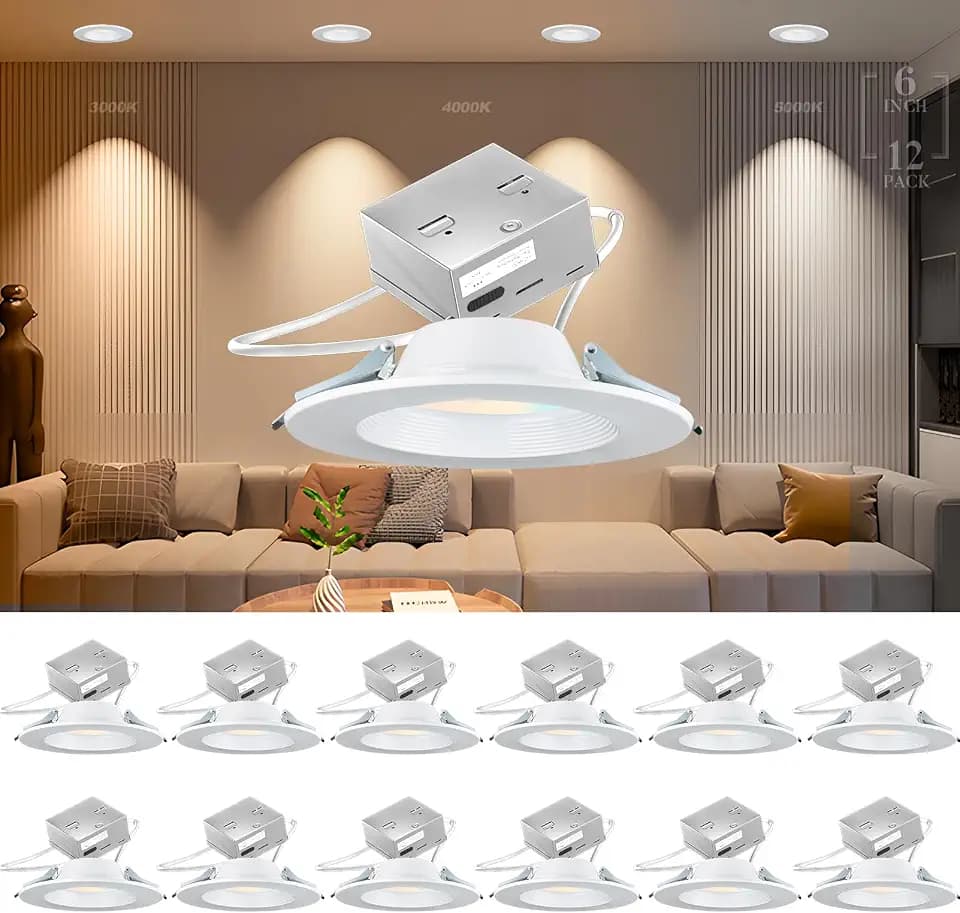 Lightdot 6 Inch Recessed Lighting 12 Pack White, 12W Dimmable LED Downlight 3CCT Selectable (3000K/4000K/5000K), Anti-Glare Slim Canless Ceiling Light​​