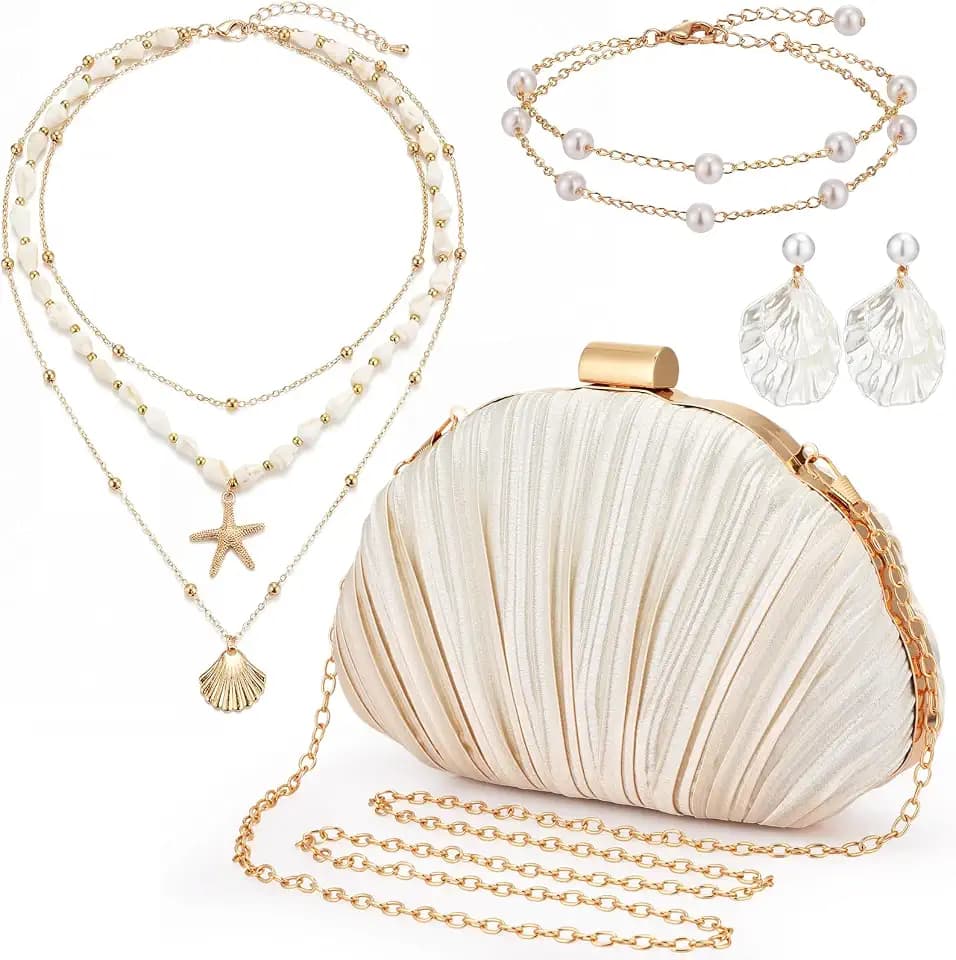 Tondiamo 4 Pcs Women's Seashell Shaped Clutch Purse Set with Seashell Pearl Stud Earrings Pearl Bracelets Starfish Necklace for Women Summer Beach Holiday Party Accessories