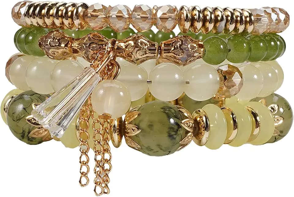 Bohemian Bracelet Sets for Women - 4-Pack Stackable Stretch Bead Bracelets with Black＆White Crystal & Gold Accessories, Multi-Layer Boho Jewelry